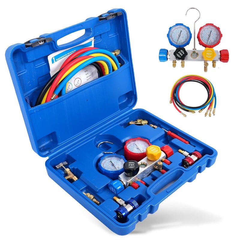 SINOCMP عدادات مجمع HVAC 4 طرق، لمجموعة إعادة شحن المبردات R32/R410A/R134A لمكيف الهواء، تشخيص A/C R22 R404A مع مجموعة أدوات الخراطيم - Image 1